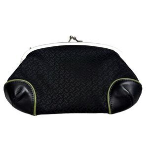 Talbots Leather & Fabric Kiss Lock Mini Clutch Black Green Piping